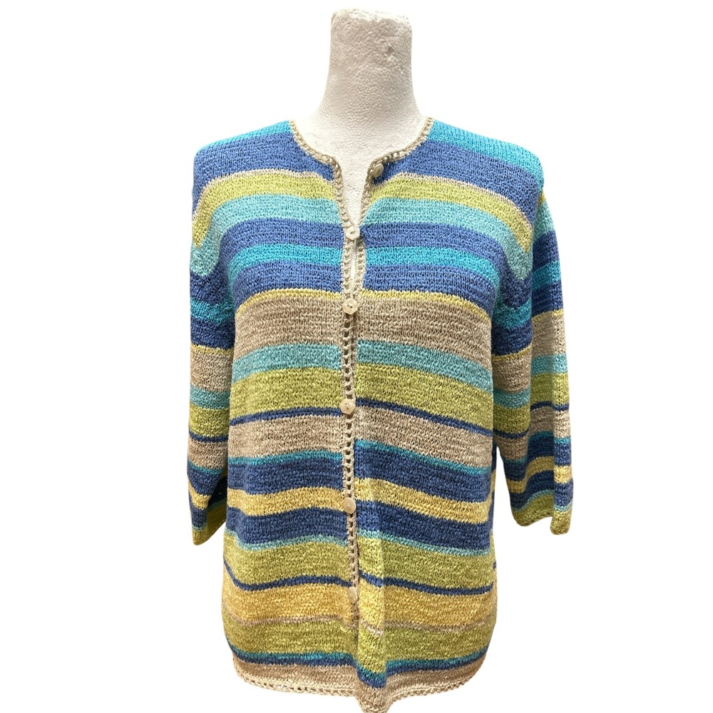 Christopher & Banks Womens Large‎ Blue Green Yellow Striped  Cardigan Sweater L